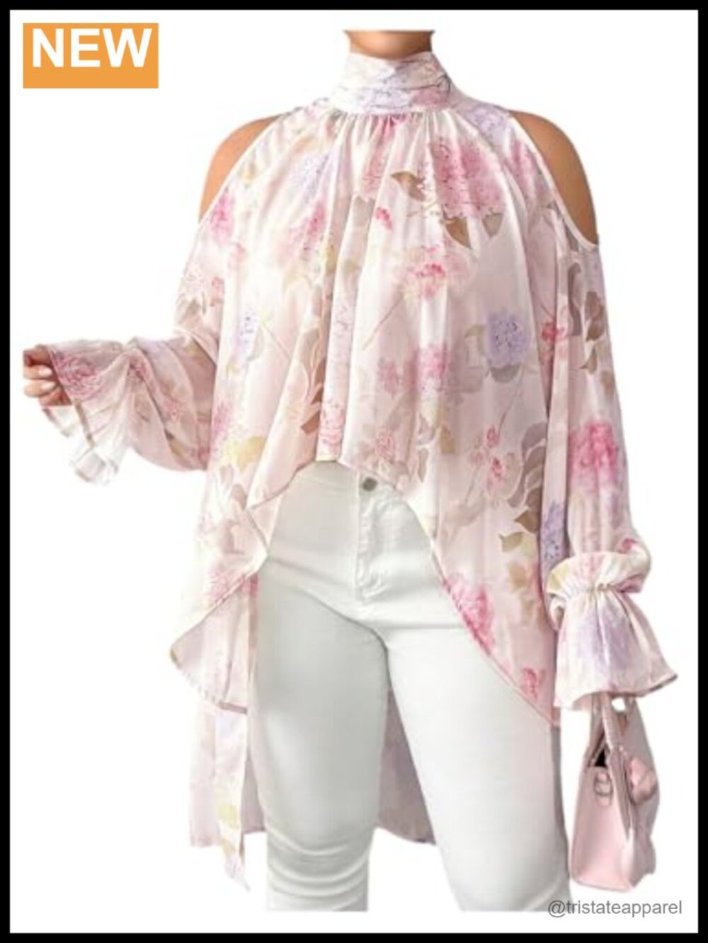 Floerns Plus Size Floral Cold Shoulder Chiffon Blouse Long Sleeve Asymmetrical